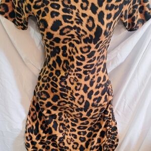 Anthropologie Paper Moon Body Con, Y2K Animal Print Ruching On Both Sides Midi